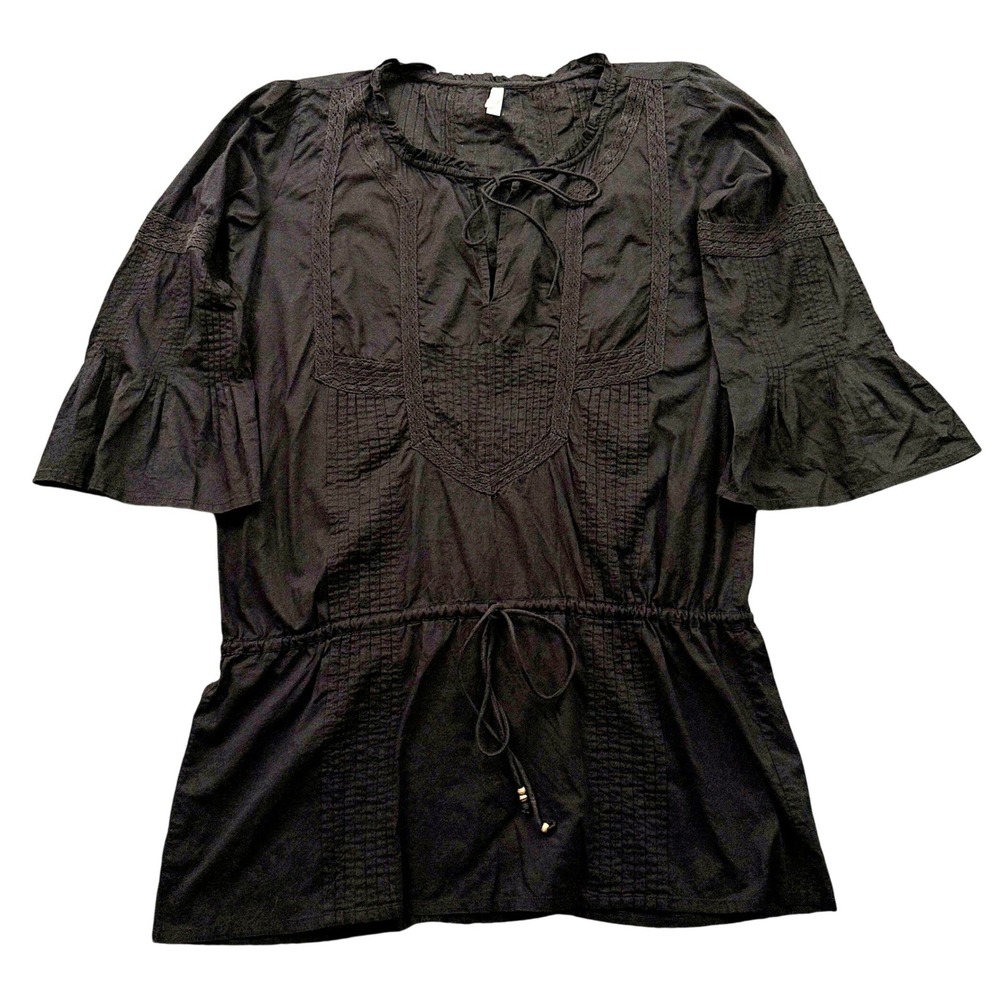 ViX Paula Hermanny Peasant Cover Up Sz M Black Lace Pintuck Bell Sleeve Tunic - Picture 2 of 16